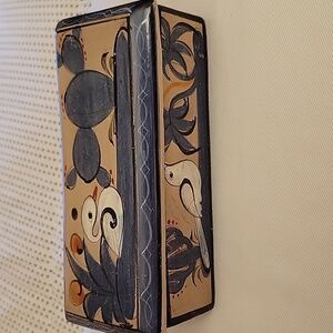 Lidded Mexican Handpainted Pottery Box with White bird, duck and bunny.